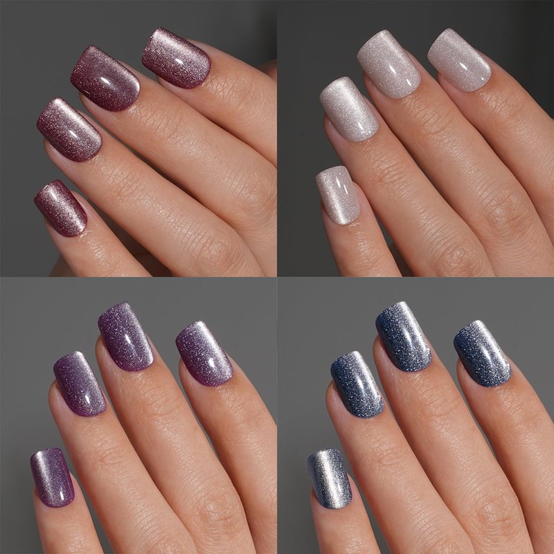 120Pcs Square Press on Nails Short Cat Eye Fake Nails Glossy Glitter Acrylic Nails Gel Glue on Nail Purple White Blue False Nails Press ons Stick on Nail Manicure Kit for Women Girls 15 Sizes
