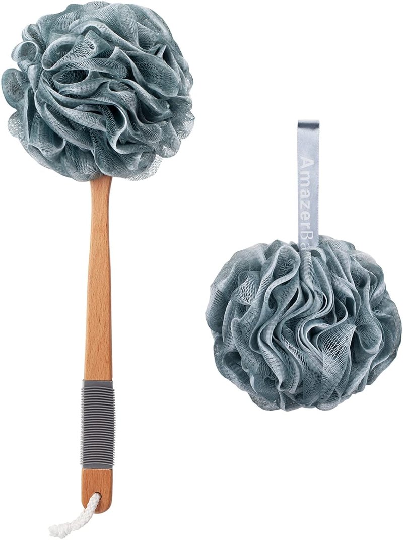AmazerBath Shower Sponge - Soft Mesh Loofah Back Scrubber with Long Wooden Handle | Gray Body Scrubber for Men & Women