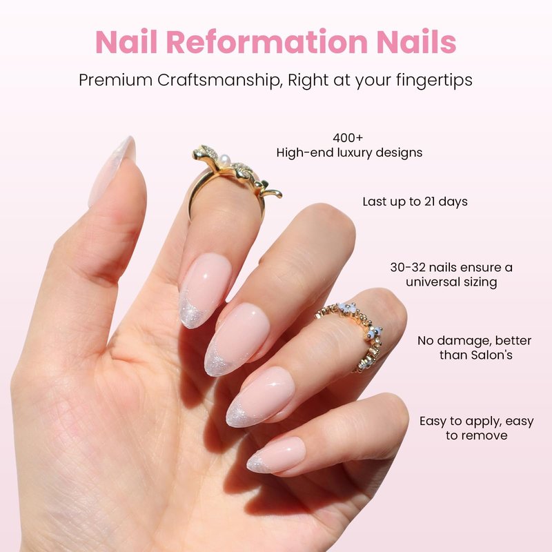 Nail Reformation Press On Nails, Sheer Nude Short Almond Fake Nails in Silver Glitter French Tip with Glossy Finish, Reusable Stick On Nails in 16 Sizes - 32 False Nail Kit with Glue, Gifts for Women