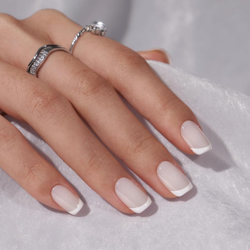 BTArtbox Press On Nails - Classic White French Tip Square Nails | 30-Piece Glue-On Kit in 15 Sizes for Weddings