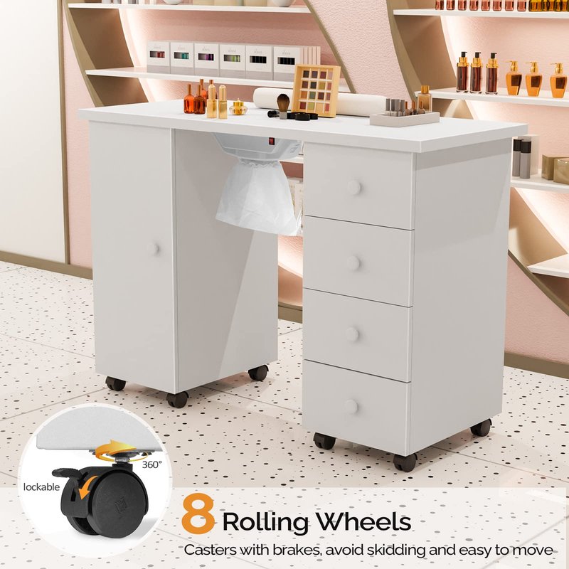 OmySalon Manicure Table Nail Desk for Nail Tech, Nail Table Beauty Salon Tech Station w/Electric Downdraft Vent, Lockable Wheels,Wrist Cushion,Storage Drawers