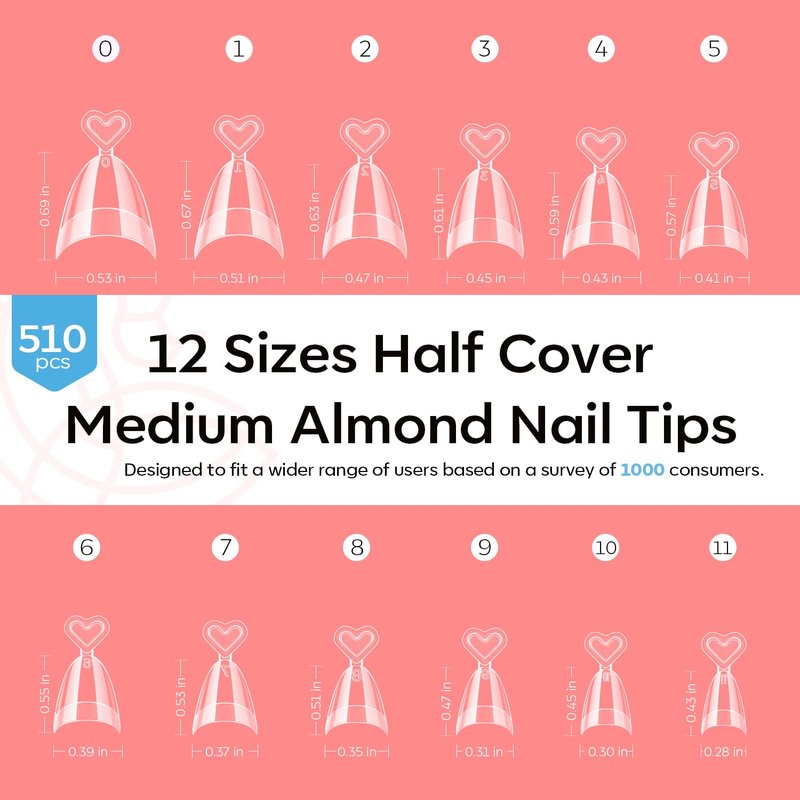 Modelones Medium Almond Gel Nail Tips, 510Pcs Half Cover Fake Press on Nails Tips Pre-Etched Clear Natural Fit Acrylic Gel False Nails for Extension DIY Salon 15Sizes