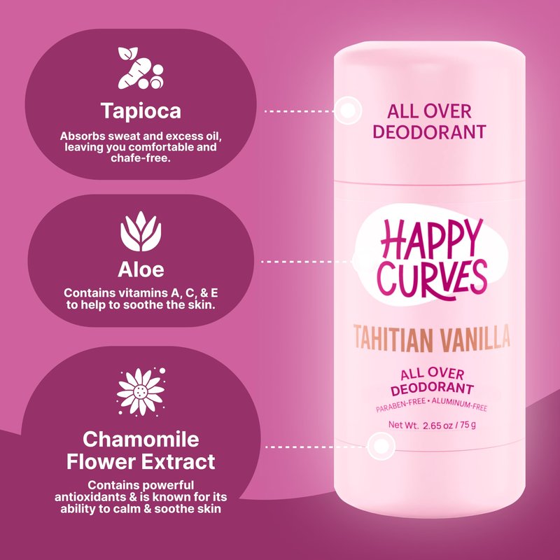 HAPPY CURVES All Over Whole Body Deodorant for Women - Aluminum-Free - Invisible All Day Layer of Full Body Protection for Long Lasting Odor Control, Sensitive Skin, & Private Parts - Tahitian Vanilla