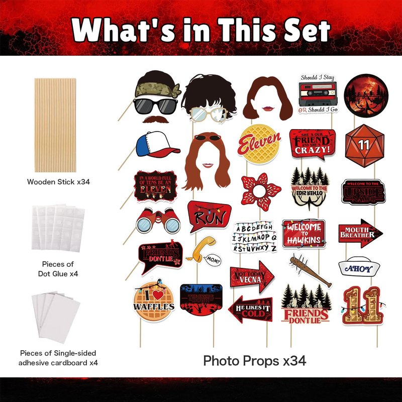 34pcs Stranger Birthday Party Decorations Photo Booth Props Red and Black Welcome to The Other Side Adventure Style Birthday Party Supplies for Photography