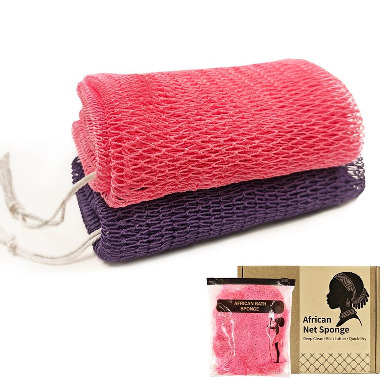 Authentic African Net Sponge,Extra Rough Scrubber,Travel Sponge,Long Stretch Body&Back Scrubber up to 47 Inches,Quick-Drying Exfoliating with Zipper Pouch (Purple/Pink)