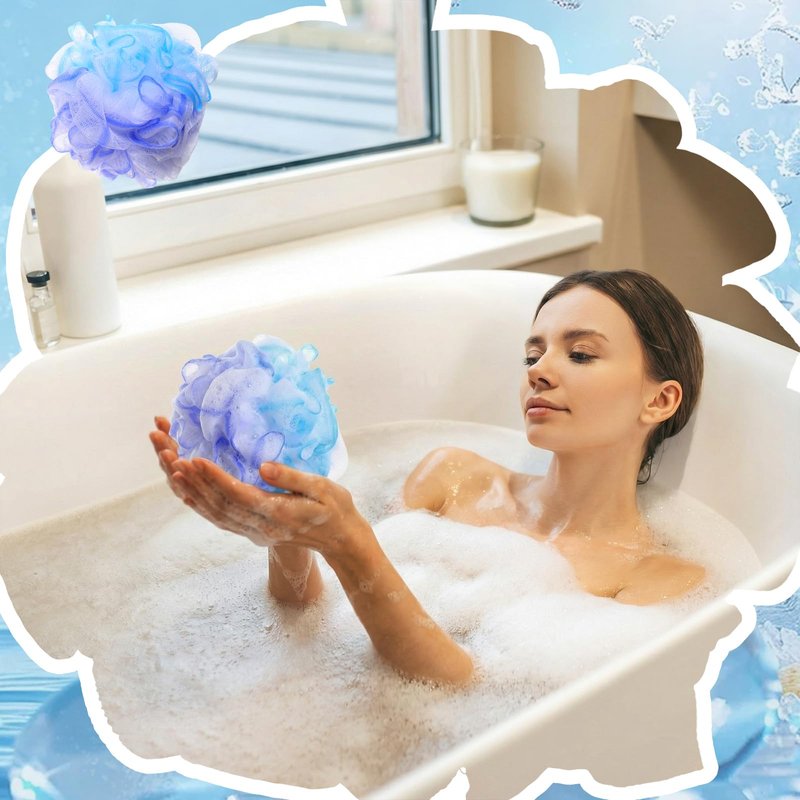 Qinyoung 4 Pcs Loofah Sponge with Soft Silicone Back Scrubber for Shower 15'' Long Handle Body Brush Exfoliating Bath Sponge for Women Men, Body Scrub, Shower Pouf Bath Accessories Soap, Blue