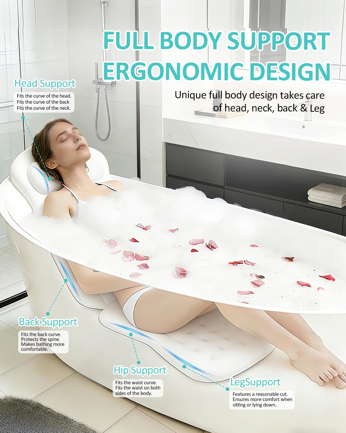 Full Body Bath Pillow for Bathtub, 5D Thick Tub Pillow for Bathtub with 192 Non-Slip Suction Cups, Laundry Bag & Hook, Bathtub Pillow for Head, Neck & Back Support (White, 51"*15")