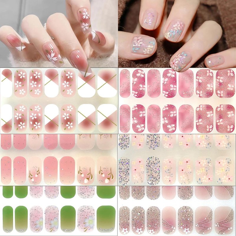 6 Sheets Spring Gel Nail Strips Stickers 3D Self-Adhesive Flower Nail Decals Pink Glitter Full Wrap Nail Stickers Cute Cherry Blossom Tulip Floral Nail Polish Strips DIY Manicure Supplies for Women
