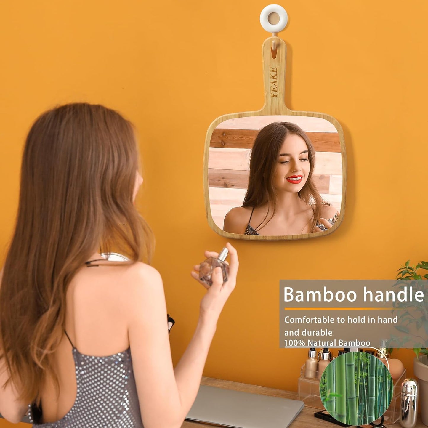 YEAKE Extra Large Bamboo Handheld Mirror - Portable Single-Sided Vanity Mirror for Men & Women | 8.9" W x 12.4" L