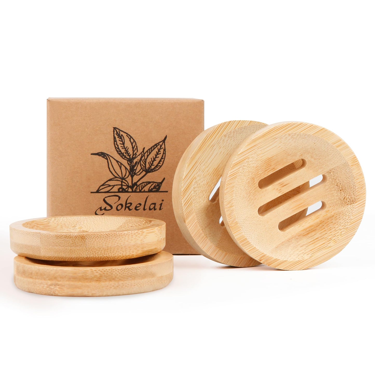 Bamboo Soap Dish for Bar Soap in Shower 4PCS, Wooden Round Holders Self-Draining Tray for Shampoo Conditioner Bars Holder, Travel Soap Saver Case for Bathroom, Kitchen Sink, Bath Tub, Razor Sponges