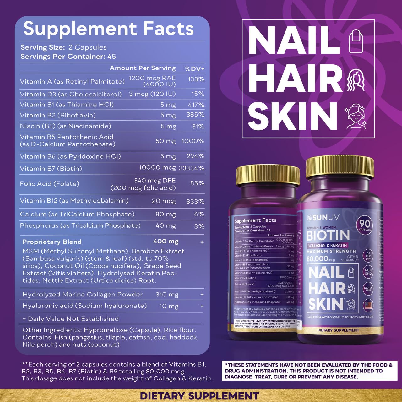 SUNUV Biotin 10,000mcg | Collagen | Keratin | Hyaluronic Acid - 80,000mcg Hair Growth Vitamins for Hair Skin & Nails Support - Women & Men - Vitamins B1,B2,B3,B5,B6,B9,B12 -Made in USA-90 Capsules