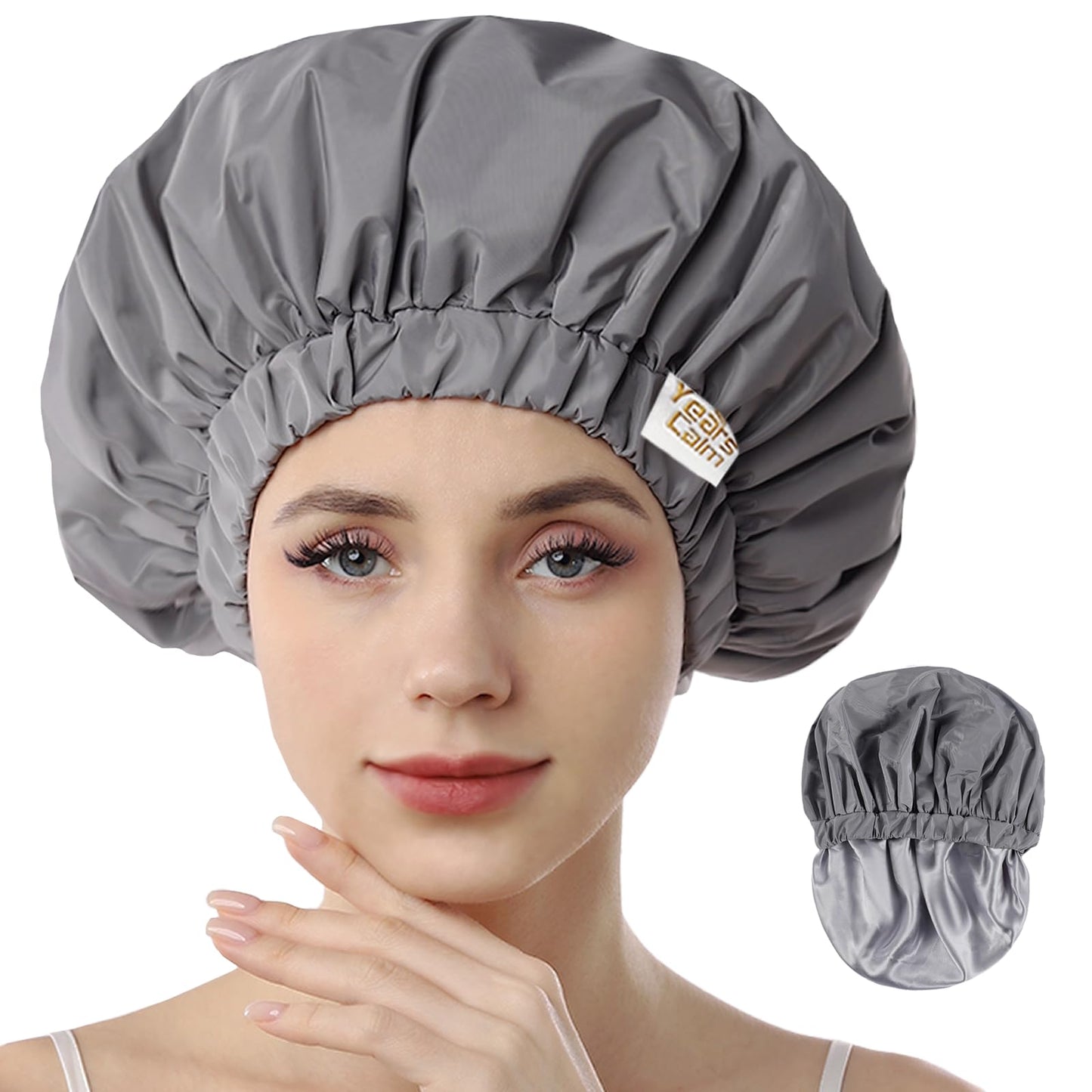 Years calm Reusable Waterproof Shower Caps for Women, Hair Caps for Showers, Double-Layer Elastic Design, for All Hairstyles, Travel-Friendly (grey)