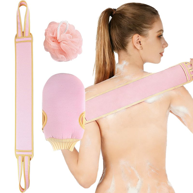 Exfoliating Glove and Back Scrubber for Shower - 3-Piece Exfoliating Mitt Set with Bath Sponge - Deep Skin Cleansing Body Scrubber for Dead Skin Removal, Self-Tan (Pink)