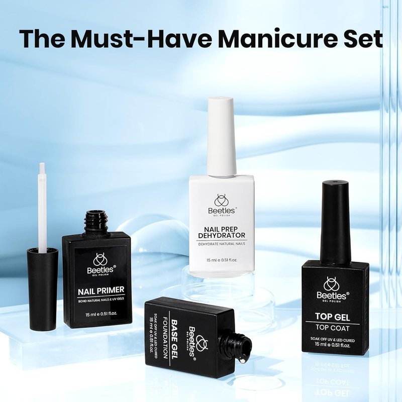 Beetles 4Pcs Top Coat and Base Coat Gel with Nail Dehydrator and Primer Set Acid-Free Hema-Free Nail Bond for Gel Polish Acrylic Nails, Long-Lasting for Professional Manicure Prep Kit