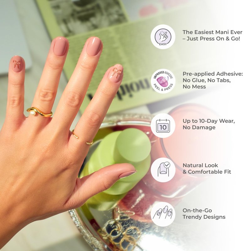 Kiss Impress No Glue Mani Press On Nails, Design, 'Velvet Bunny', Green, Short Size, Oval Shape, Includes 30 Nails, 1 Mini File, 1 Prep Pad, 1 Manicure Stick, Instruction Sheet