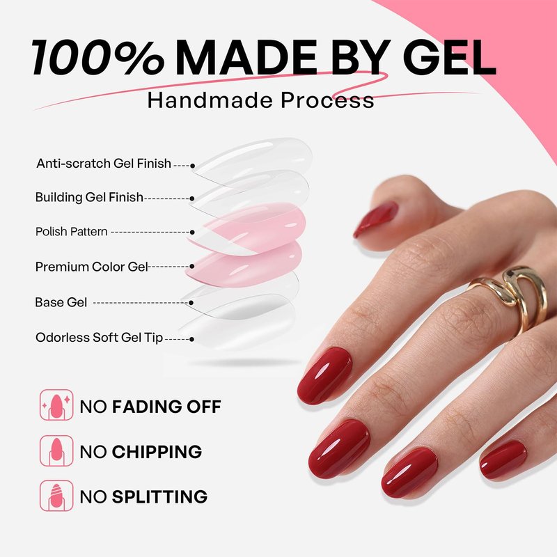 Red Press on Nails Medium Oval - GJZEZ Soft Gel Nail Press Ons Solid Glossy Full Cover Fake Nails Gifts for Women | 16 Sizes - 32 pcs Natural Long Lasting Reusable Faux Nail Kit with Glue, Cherry Red
