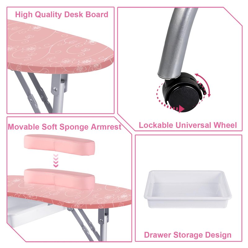 Senrob Portable Foldable Nail Desk for Nail Techs Manicure Table with Drawer & Wrist Rest, Wheeled Nail Tech Workstation (Pink)