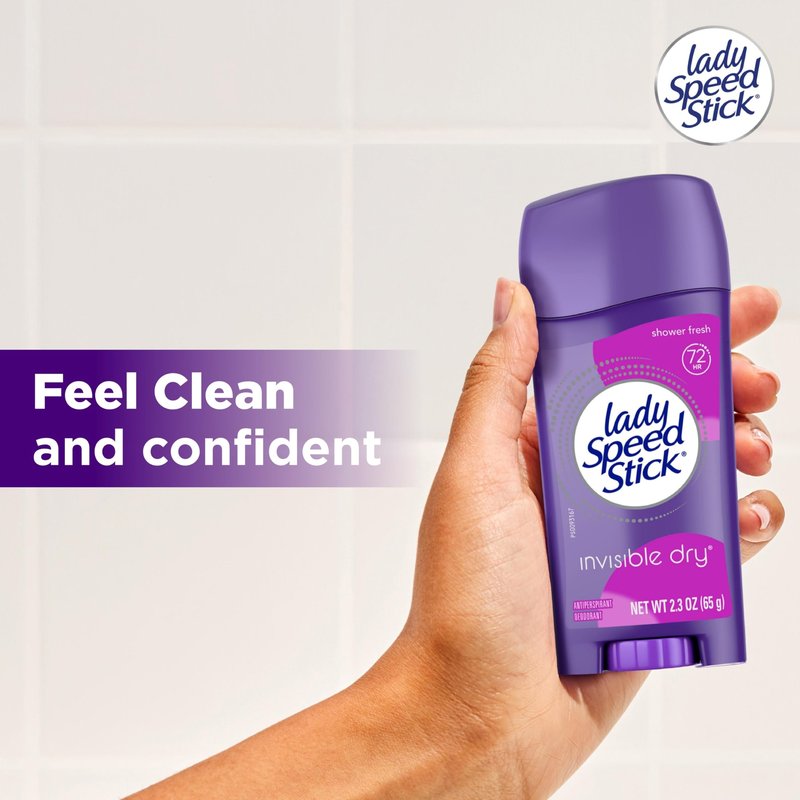 Lady Speed Stick Antiperspirant Deodorant for Women, 72 HR Sweat & Odor Protection, Invisible Dry, Shower Fresh Scent, 2.3 oz Stick (4 Pack)