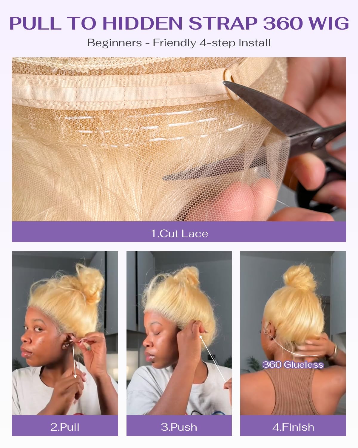 wigcool Hidden Strap Body Wave 360 613 Lace Front Wig Human Hair Glueless Wigs Human hair Pre Plucked Pre Bleached 180% Density Blonde Wig With Drawstring HD Full Lace Human Hair Wigs 26Inch