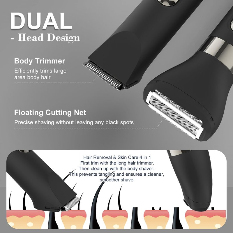 Hatteker 4 in 1 Multifunctional Dual - Head Body Hair Trimmer for Men, IPX7 Waterproof Groin & Body Hair Groomer, Rechargeable Body Electric Shaver Razor