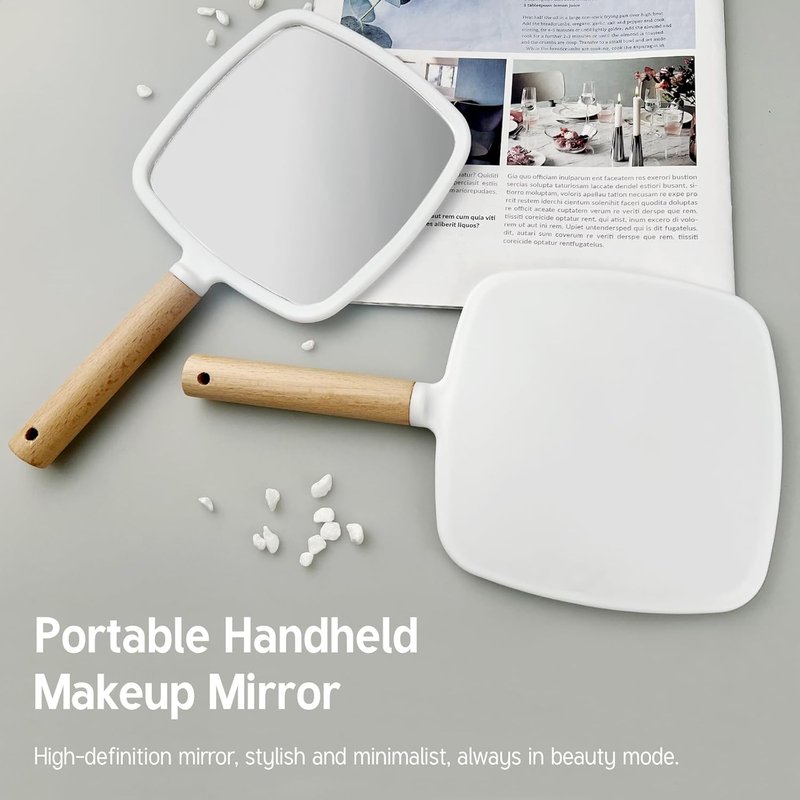 Handheld Makeup Mirror - Portable Wooden Handle Travel Mirror | Square Single-Sided Design for Men & Women