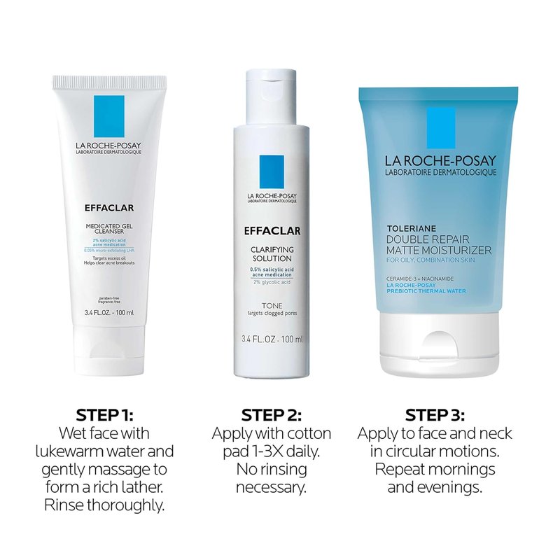 Effaclar Daily Acne Treatment Kit - Salicylic Acid Cleanser, Pore Refining Toner & Oil-Free Moisturizer | 2-Month Supply for Oily & Combination Skin