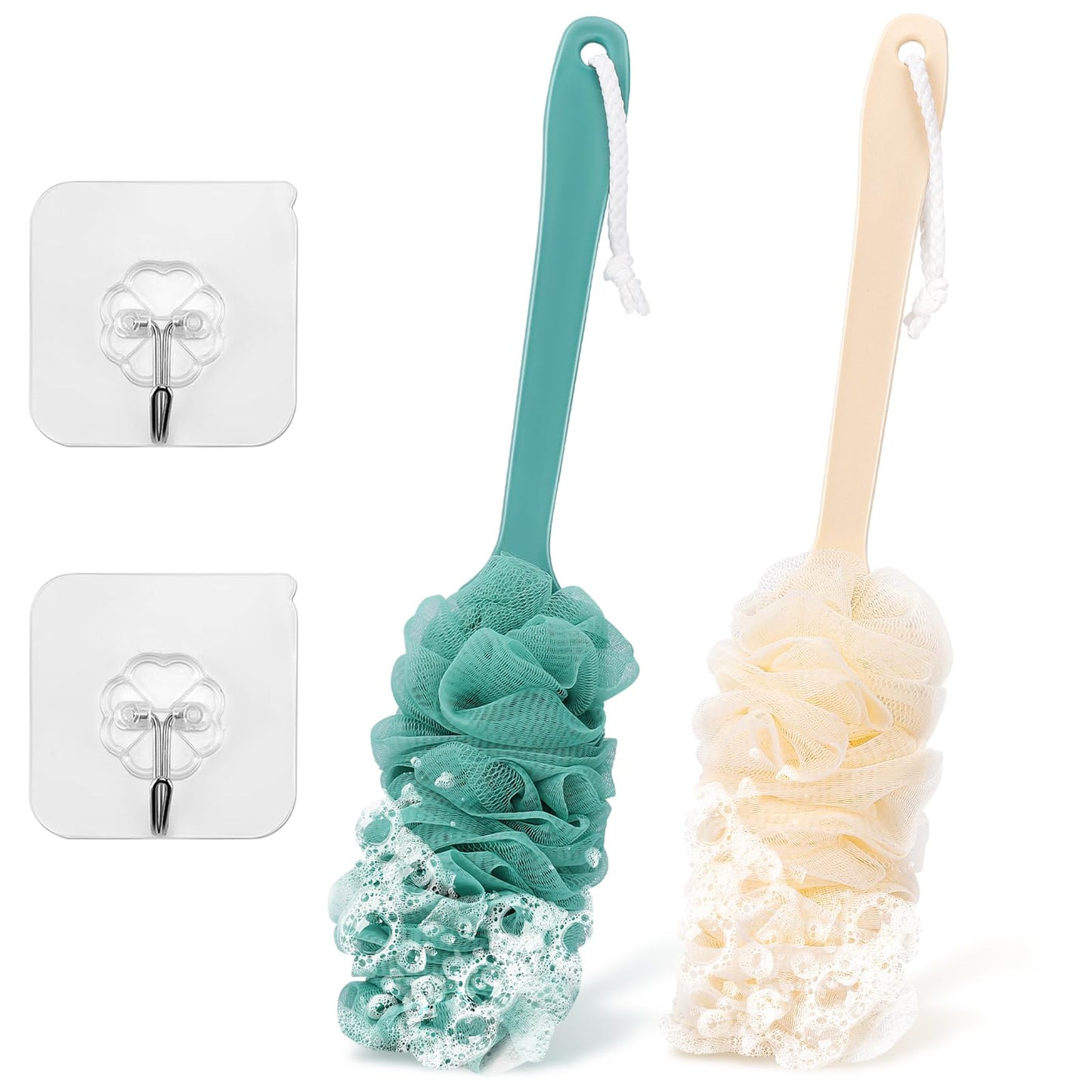 2Pack Back Scrubber for Shower Loofah with Long Handle, Shower Brush for Body, 17″ Loofah on a Stick for Men Women Bathing Accessories, Scrubber Sponge for Exfoliating Bath Brushes (Green)