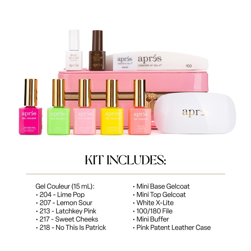 Aprés Exclusive Neon Gel Couleur Combo Kit, Includes Pink Patent Vanity Case, Set of 5 Neon Gel Couleur (15 mL), Mini Top Gelcoat, Mini Base Gelcoat, Nail File, Mini Buffer, and White X-lite