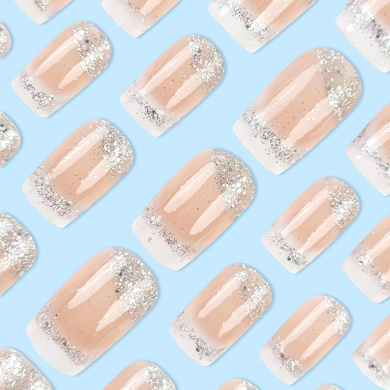 SINSEN French Tip Press on Nails Short Square Fake Nails Cute Glue on Nails Glossy Glitter Acrylic Nail Kit Winter Nail Art Decorations Full Cover White French Designs Stick on Nails for Women 24Pcs