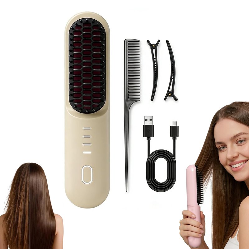 Hounyoln Go Pro Hair Brush for Hair, 4000mAh Cordless NumoyaGo Brush Pro, 30s Rapid Heating, 4 Temp Settings (140-200°C) Hair Straightener Brush (Beige)