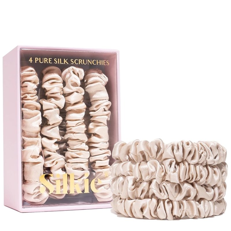 Silkie 100% Pure Mulberry Silk Scrunchies Set - 4 Colors with Travel Pouch | No Damage Hair Ties