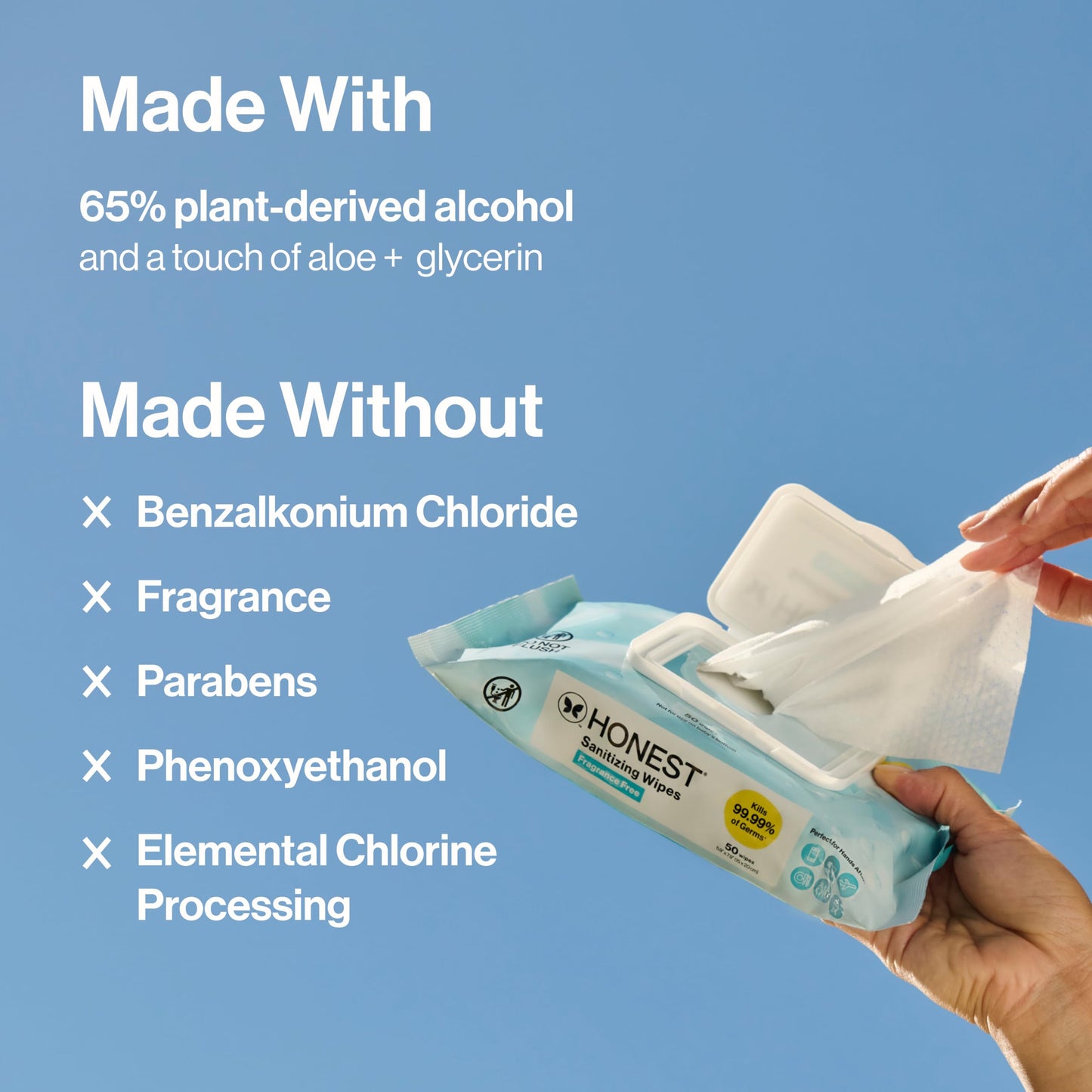 The Honest Company Fragrance-Free Sanitizing Alcohol Wipes, Antibacterial Safe for Hands, Kills 99% of Germs, Made With Aloe, 50 Count (1 Pack)