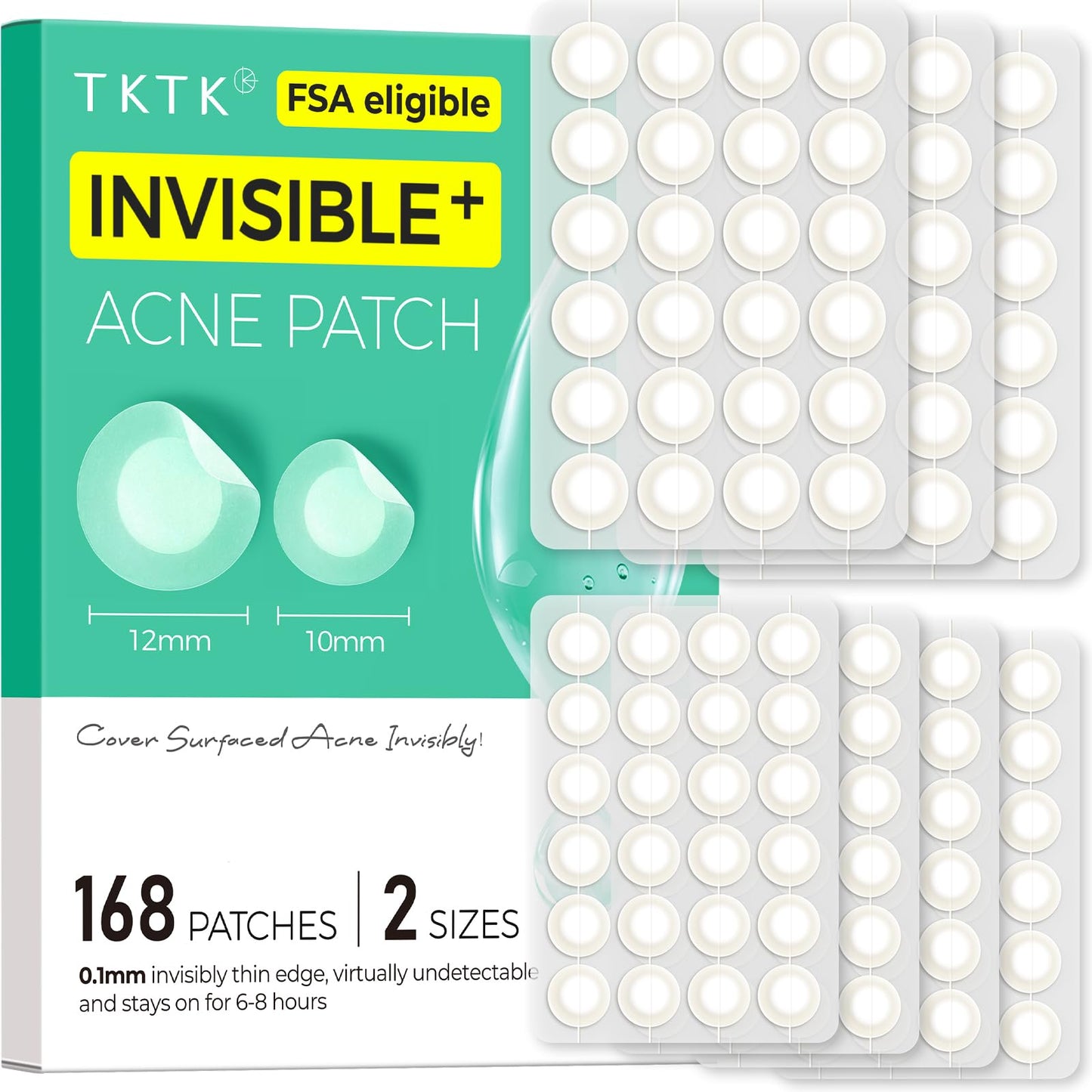 TKTK Pimple Patches for Face, 0.01cm Ultra-Thin Invisible Acne Patches, Hydrocolloid Patches for Breakouts, Absorbs Zits & Blemish, Suitable Under Makeup, 2 Sizes(10mm/12mm) 168 count