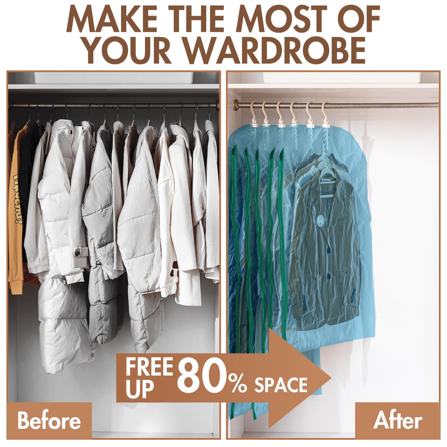 LEVERLOC Hanging Vacuum Storage Seal Space Saver Bags for Clothes, Coat, Blue,3 Long 3 Medium