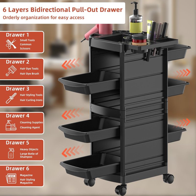 Johgee 7-Layer Salon Trolley Cart with 6 Drawers, Professional Salon Rolling Cart with Wheels for Hair Stylist, Portable Barber Station with Extra Storage Space for Barber,Tattoo
