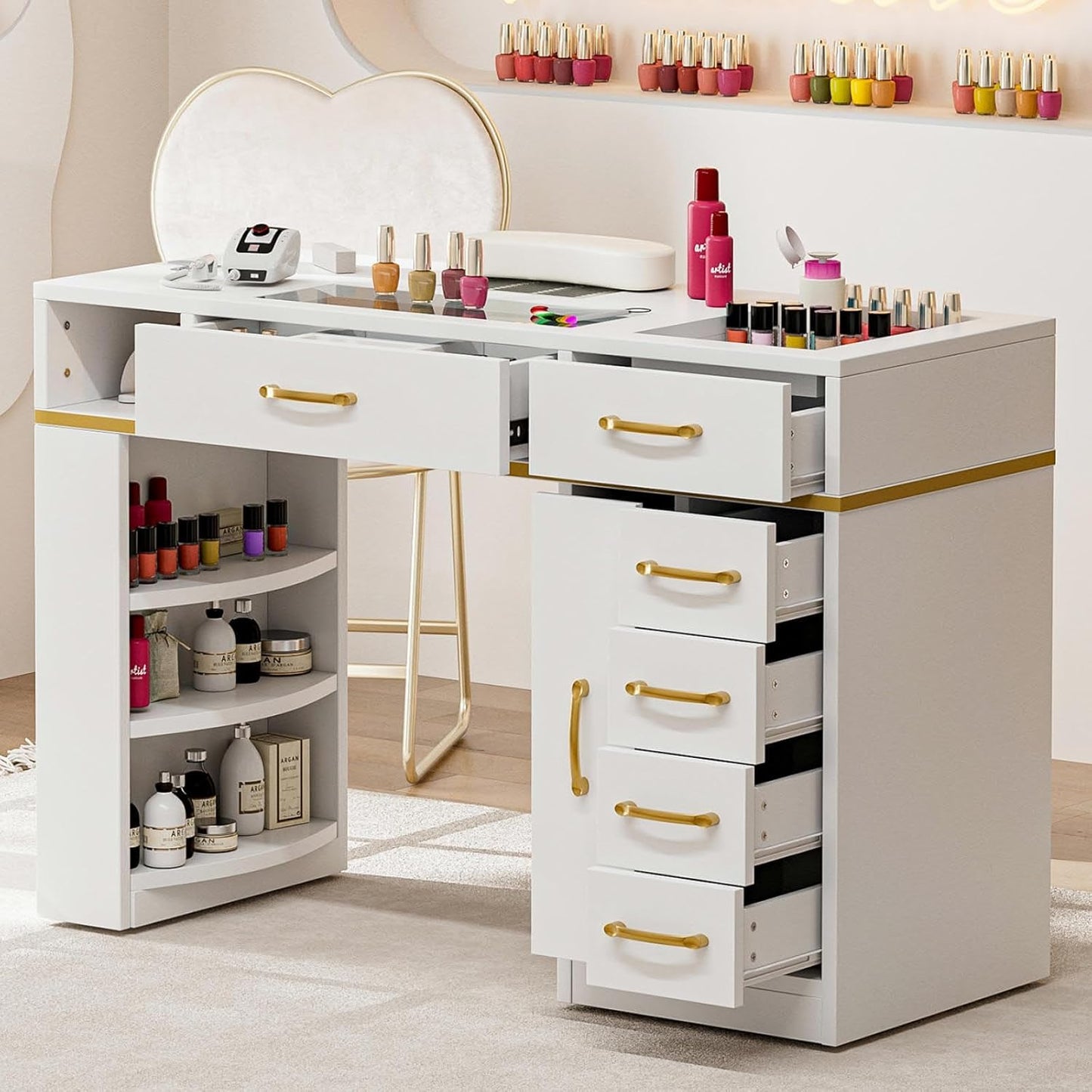 Skiennix Nail Tech Table - Glass Top Manicure Desk with Dust Collector & 7 Drawers | White Finish