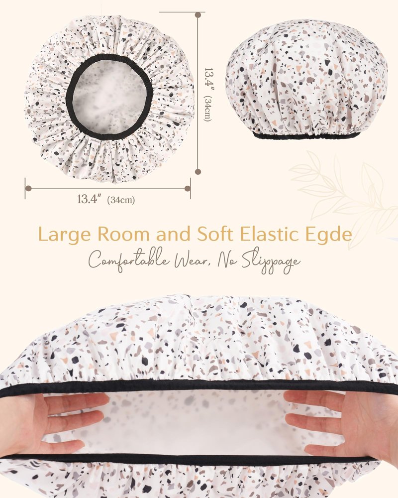 Yanibest Shower Cap Reusable Waterproof - Double Layer Shower Caps for Women, Washable Shower Bonnet with Soft Non-Slip Elastic Band, Bath Hair Hat for Most Hair Types