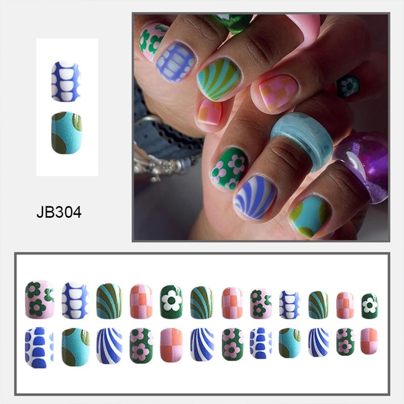 Colorful Press-On Nails - 24Pcs Short Square Acrylic Nails with Flower & Stripe Designs | Full Cover Glossy Artificial Nails for Women