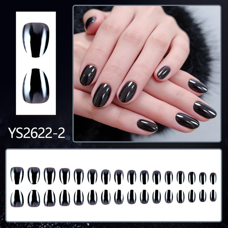 Black Press On Nails Short Almond Fake Nails Chrome False Nail With Design Solid Color False Nails Full Cover Acrylic Glossy Artificial Stick On Nail For Women Manicure Art 32pcs