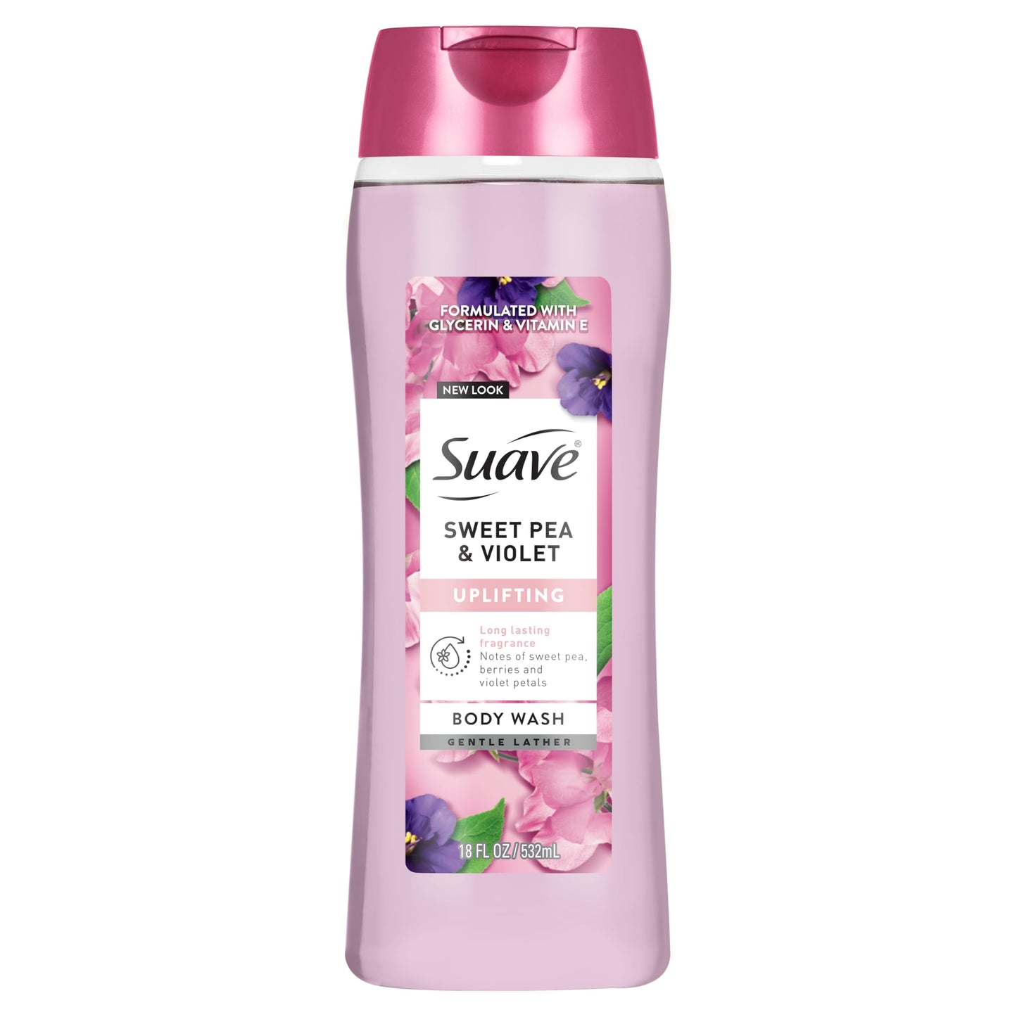 Suave Sweet Pea & Violet Moisturizing Body Wash with Glycerin & Vitamin E, Hydrating Formula For Soft, Smooth Skin, Long Lasting Fragrance, Paraben Free, 18 FL OZ