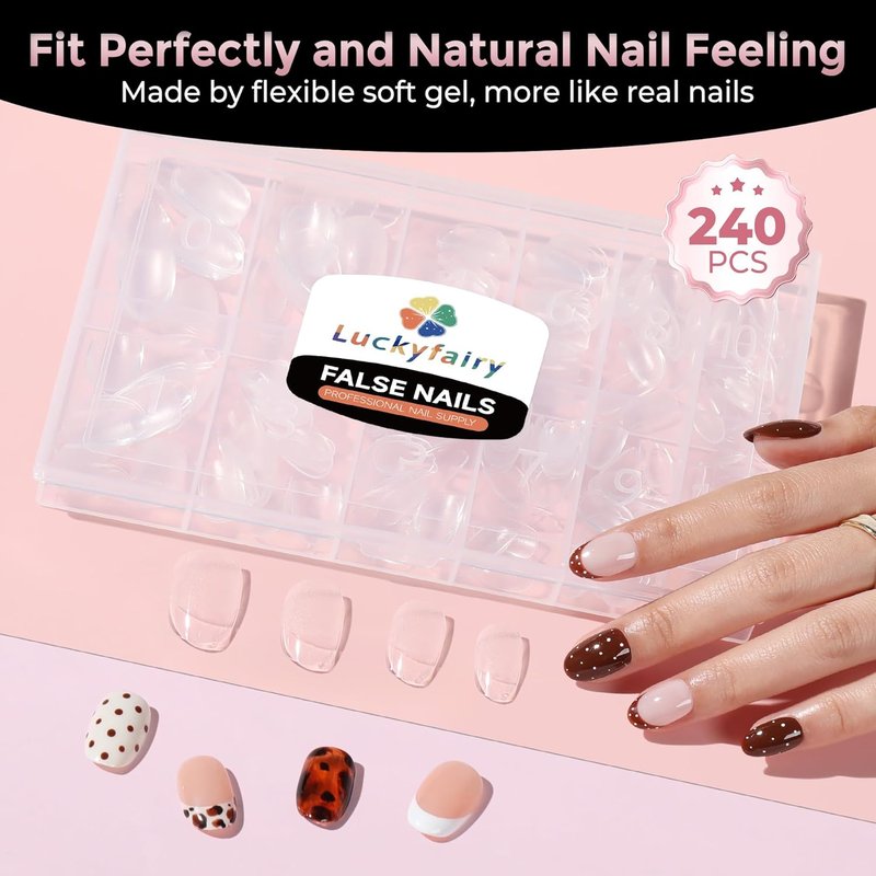Luckyfairy Short Oval Nail Tips - 240 Pcs Half Matte Clear Gel Acrylic Full Cover for DIY Nail Art | 12 Sizes