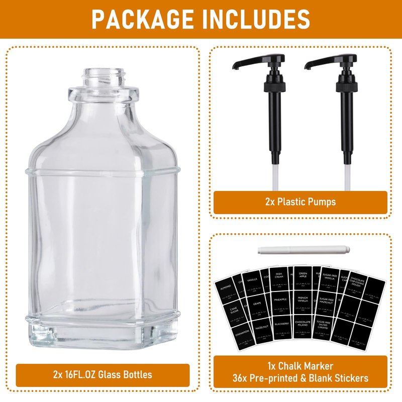 Alotpower 2-Pack 16oz Glass Coffee Syrup Dispenser Bottles, Empty Square Dispenser for Coffee Bar with 1/4oz Pump - Kit Includes 36 Labels & Marker