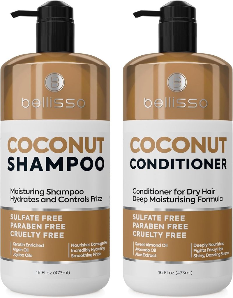 Coconut Shampoo and Conditioner Set - Sulfate-Free Hydrating Formula for Dry, Damaged Hair | 16 Fl Oz (Set of 2)