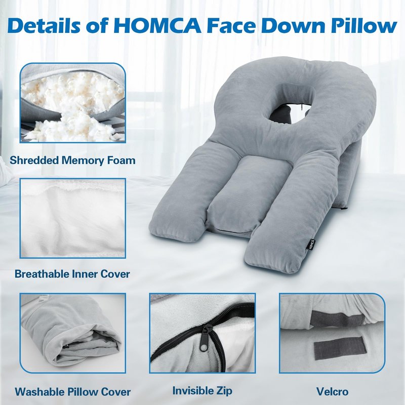 HOMCA Face Down Pillow for Eye Surgery Recovery, Soft Support Stomach Sleeping Pillow with Adjustable Airflow Gap, Face Hole for Small–Medium Adult Faces, Not Recommended for Larger Face Sizes