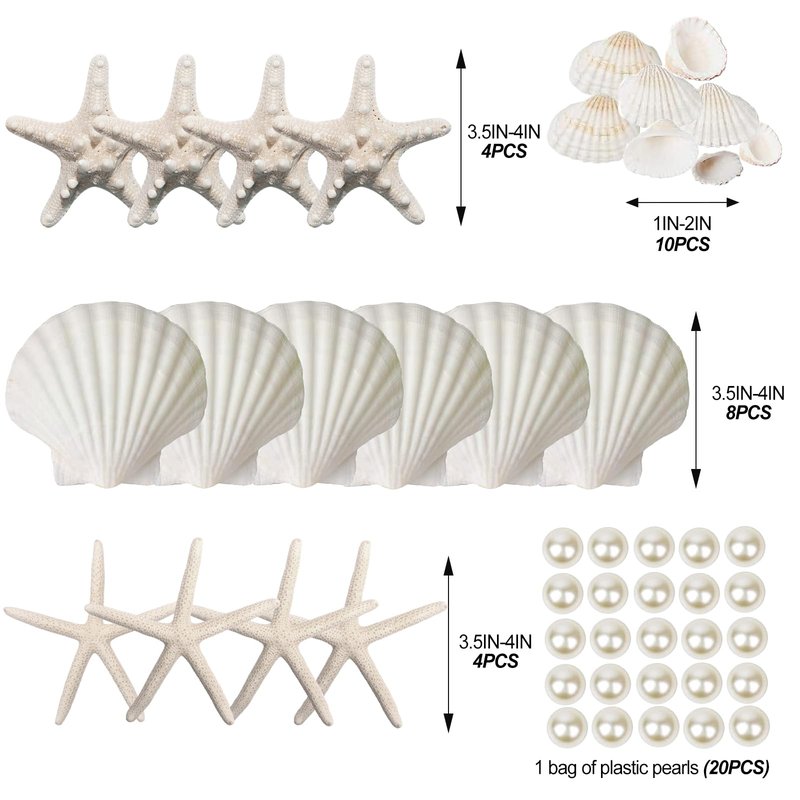 JQAQJU 16PCS Starfish and Scallop Shells for Crafts 3"-4" with Pearls, Natural Sea Shells for Crafting Beach Party Christmas Decor DIY