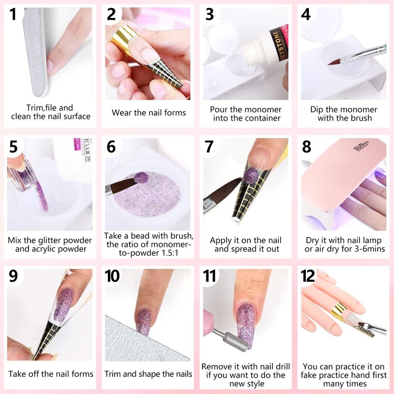 Nail Practice Hand for Acrylic Nails, Flexible Nail Hand Practice Training Kits, Rubber Fake Nail Hand to Practice Fake Nails with Nail Drill, Nail Dryer Lamp, 12 Colors Acrylic Powder Beginners Kit