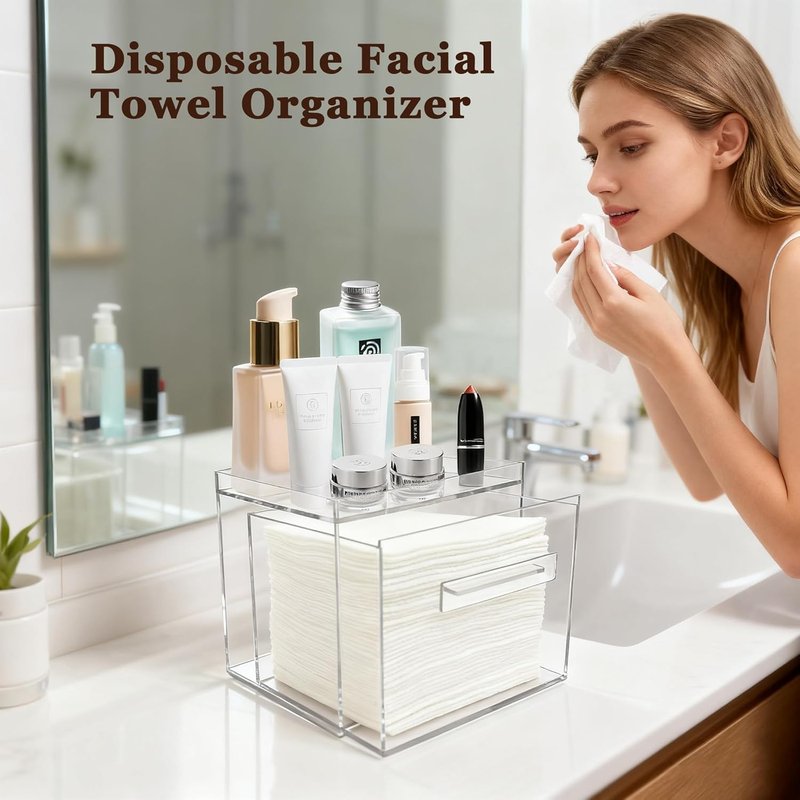 Clean Skin Club | Acrylic Disposable Facial Towel Holder - Clear Storage Box for Bathroom & Vanity