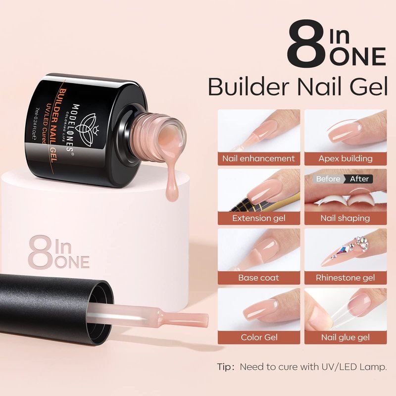 modelones Builder Gel for Nails, 6 Colors Gel Builder Nail Kit 8-in-One, Fall Maple Pink Nude Nail Polish Apex Building Strengthener Extension LED Nail Lamp Cured Color Base