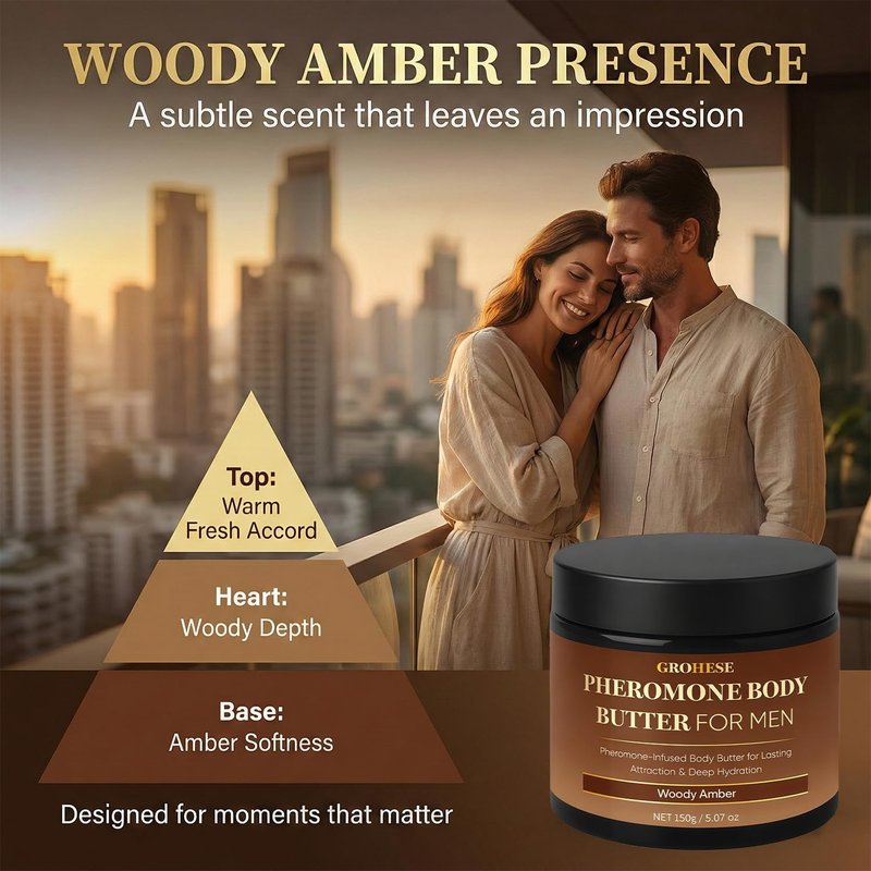 Allaura Beauty Pheromone Body Butter Men, Mens Skin Cream, Cologne-Inspired Fragrance Moisturizer with Shea Butter, Cocoa Butter & Coconut Oil, Non-Greasy Hydrating Body Cream - Woody Amber
