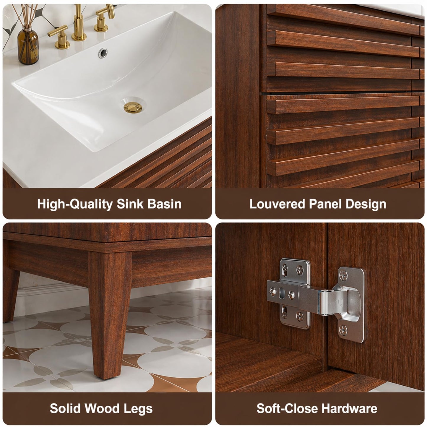 LUXEYARD 24 Inch Bathroom Vanity with Sink, Walnut Fluted Freestanding Bathroom Vanity Cabinet with Ceramic Sink Top, Solid Wood Legs, Soft Close Double Doors and Modern Storage Cabinet